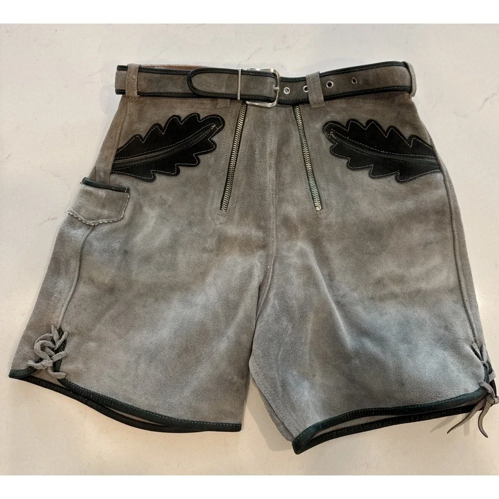 Vintage Grey Suede Lederhosen Shorts Black Leaf Applique Lace Up Alpine 25 Waist